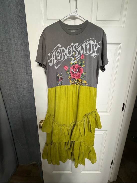 Aerosmith Dresses & Skirts - Gray and Lime green Tiered Upcycled Graphic Dress